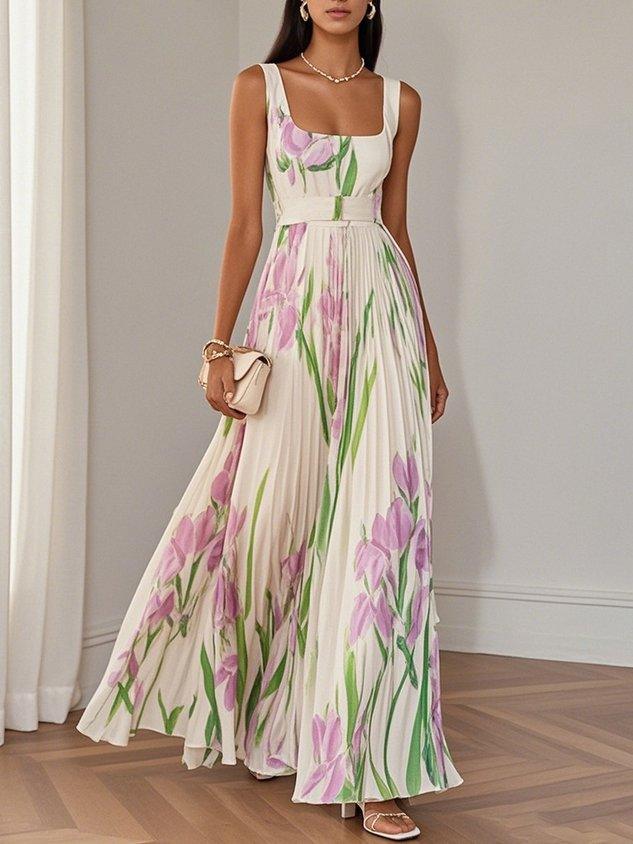 Elegant Floral Maxi Dress for Formal Wedding Guest Style with A Line Pleated Skirt