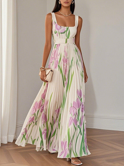 Elegant Floral Maxi Dress for Formal Wedding Guest Style with A Line Pleated Skirt