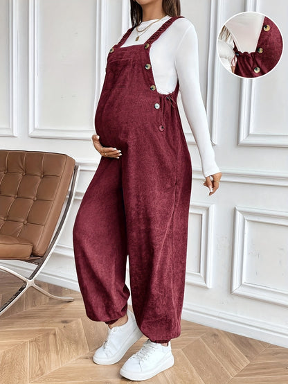 Effortless Corduroy Maternity Overalls for Women with Square Neck Sleeveless Wide Leg Relaxed Style