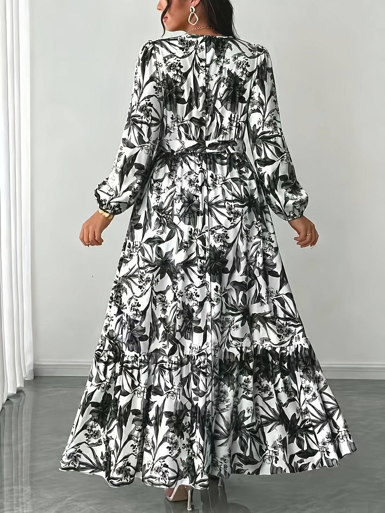 Elegant Floral Long Sleeve Maxi Dress for Women with V Neck Wrap Tie Waist Ruffle Hem Bohemian Style