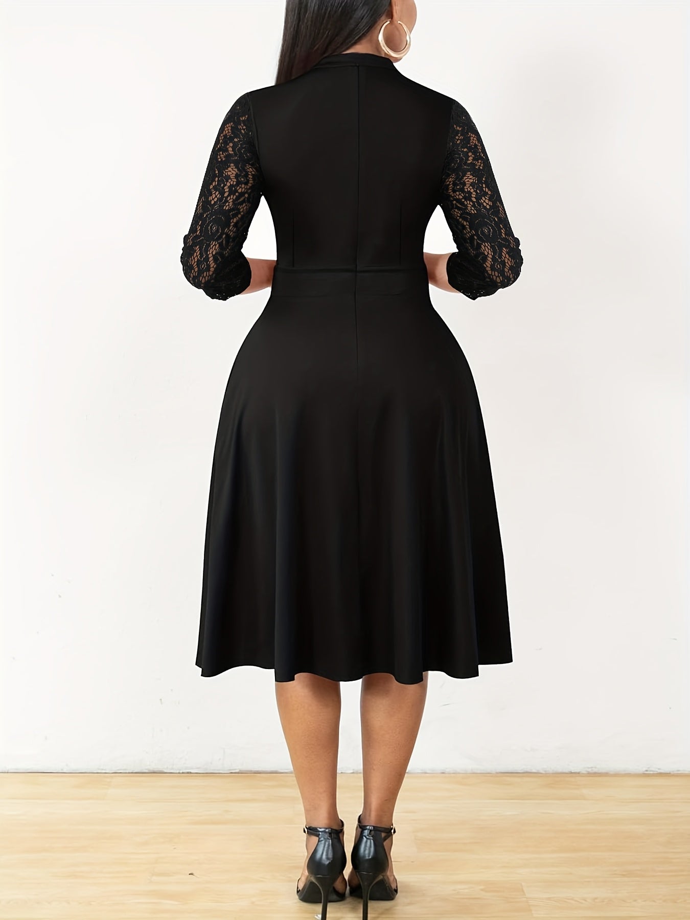 Elegant Lace Christmas Party Dress for Women with Notched Neck Three Quarter Sleeve Fit Flare Cocktail Style