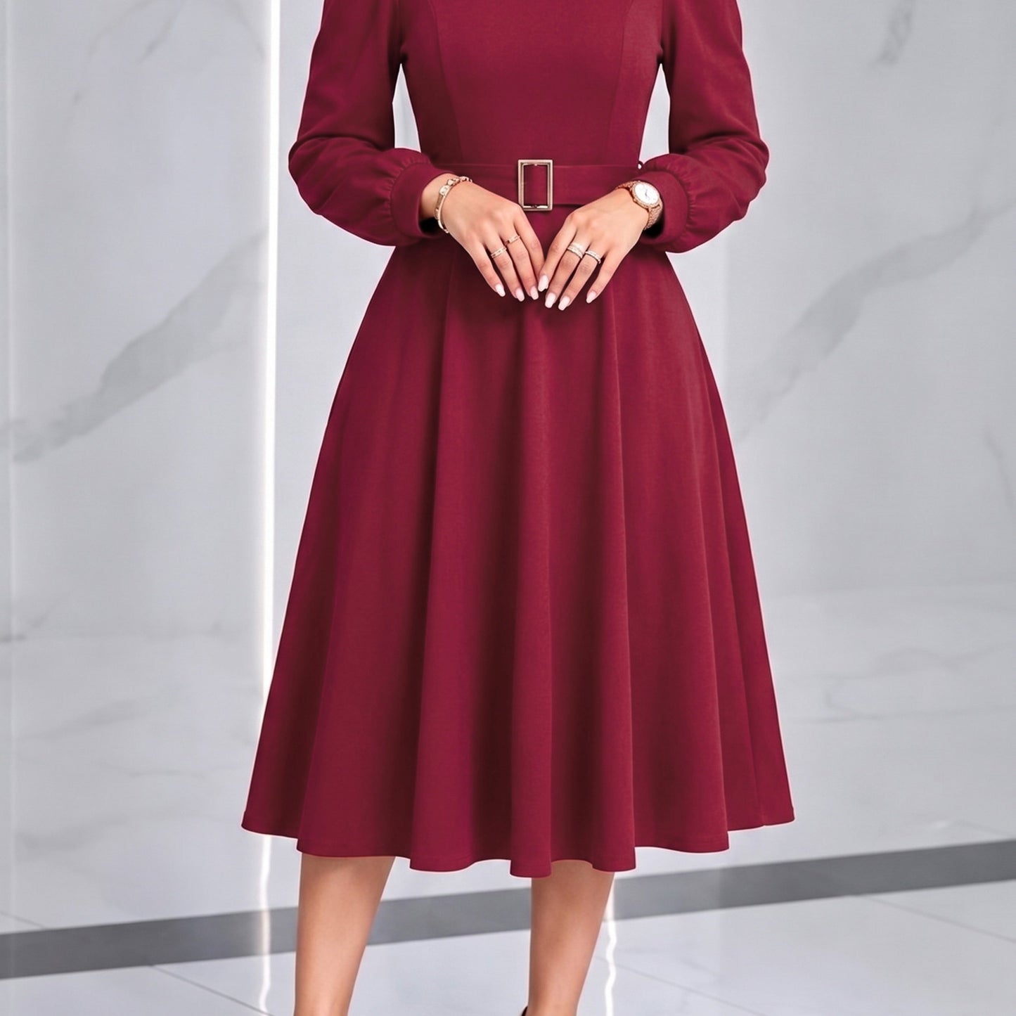 Elegant Burgundy A Line Christmas Party Dress for Women with Pearl Neck Lantern Sleeve Belted Flowing Style