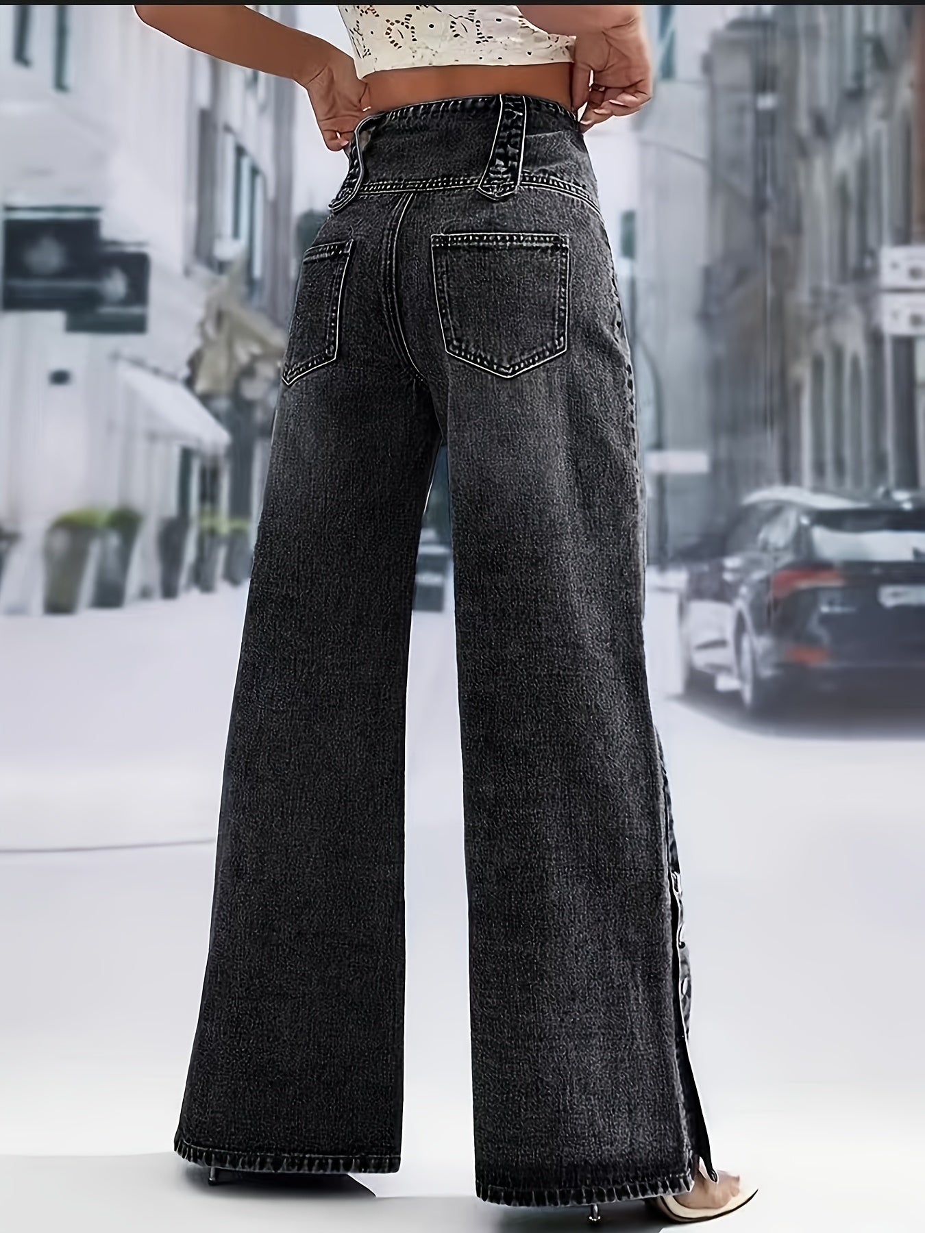 Effortless Black High Waisted Jeans for Women with Button Front Wide Leg Split Hem Style