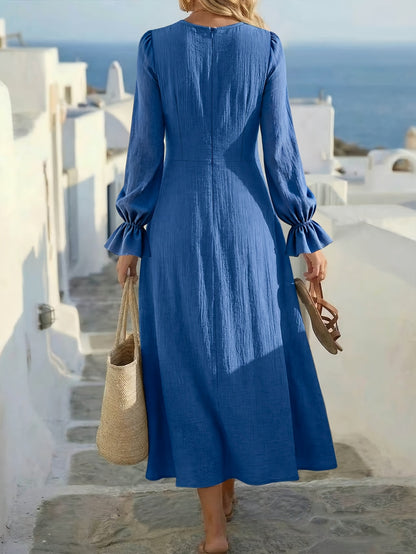 Elegant Blue Long Sleeve Maxi Dress for Women with Round Neck Ruffle Cuff Crisscross Waist Flowing Style