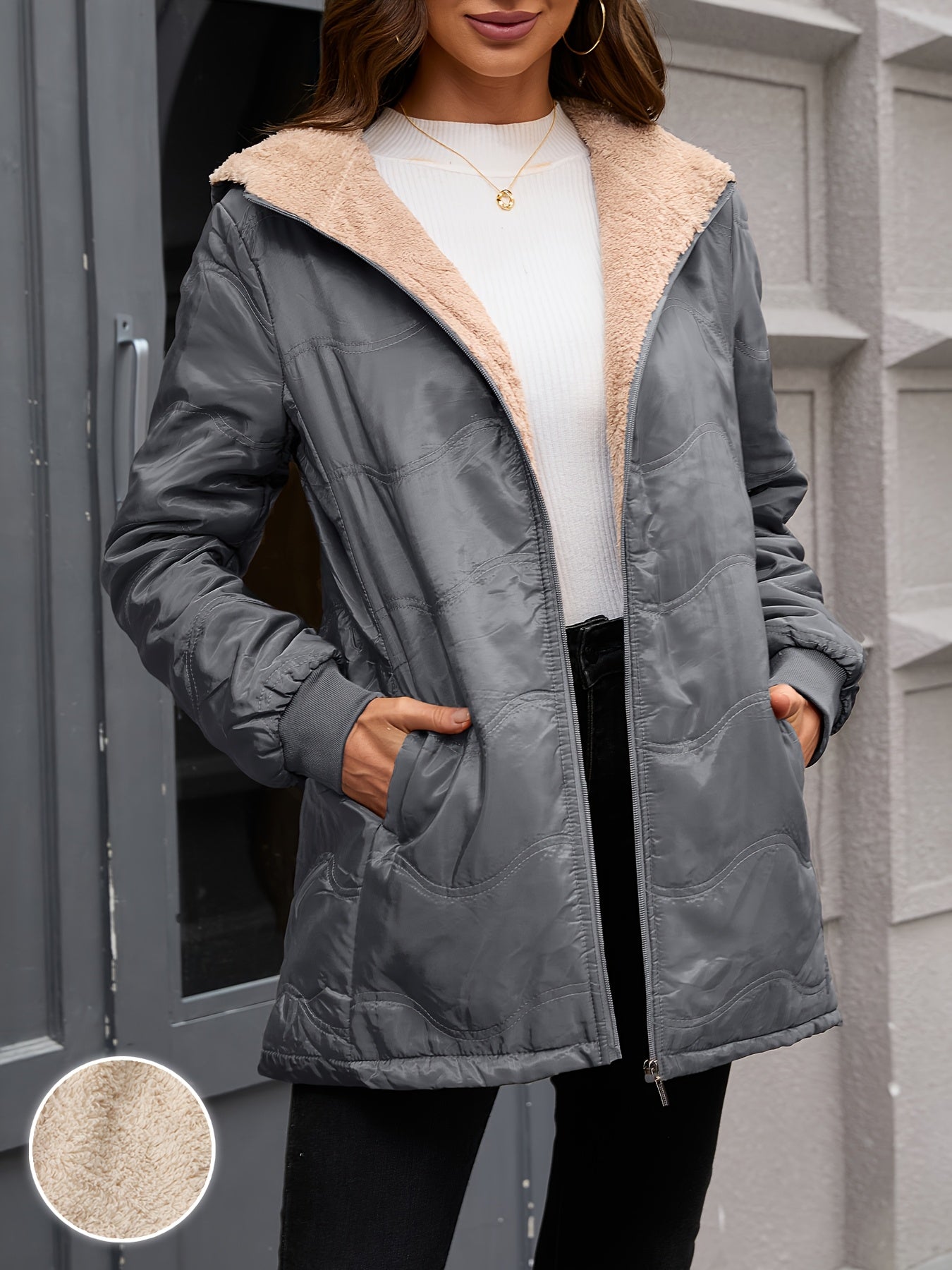 Comfortable Sherpa Lined Quilted Jacket for Women with Hooded Long Sleeve Zip Front Relaxed Style