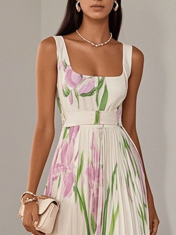 Elegant Floral Maxi Dress for Formal Wedding Guest Style with A Line Pleated Skirt