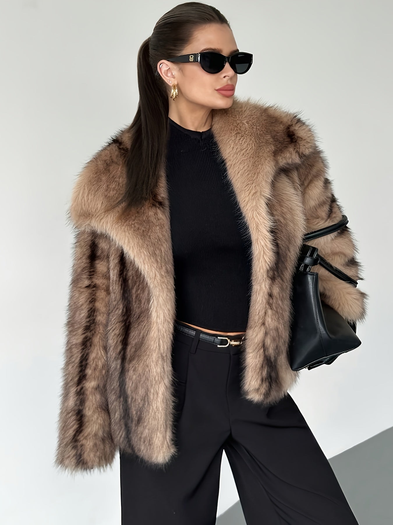 Elegant Khaki Fur Coat for Women with Notch Collar Long Sleeve Oversized Cropped Style