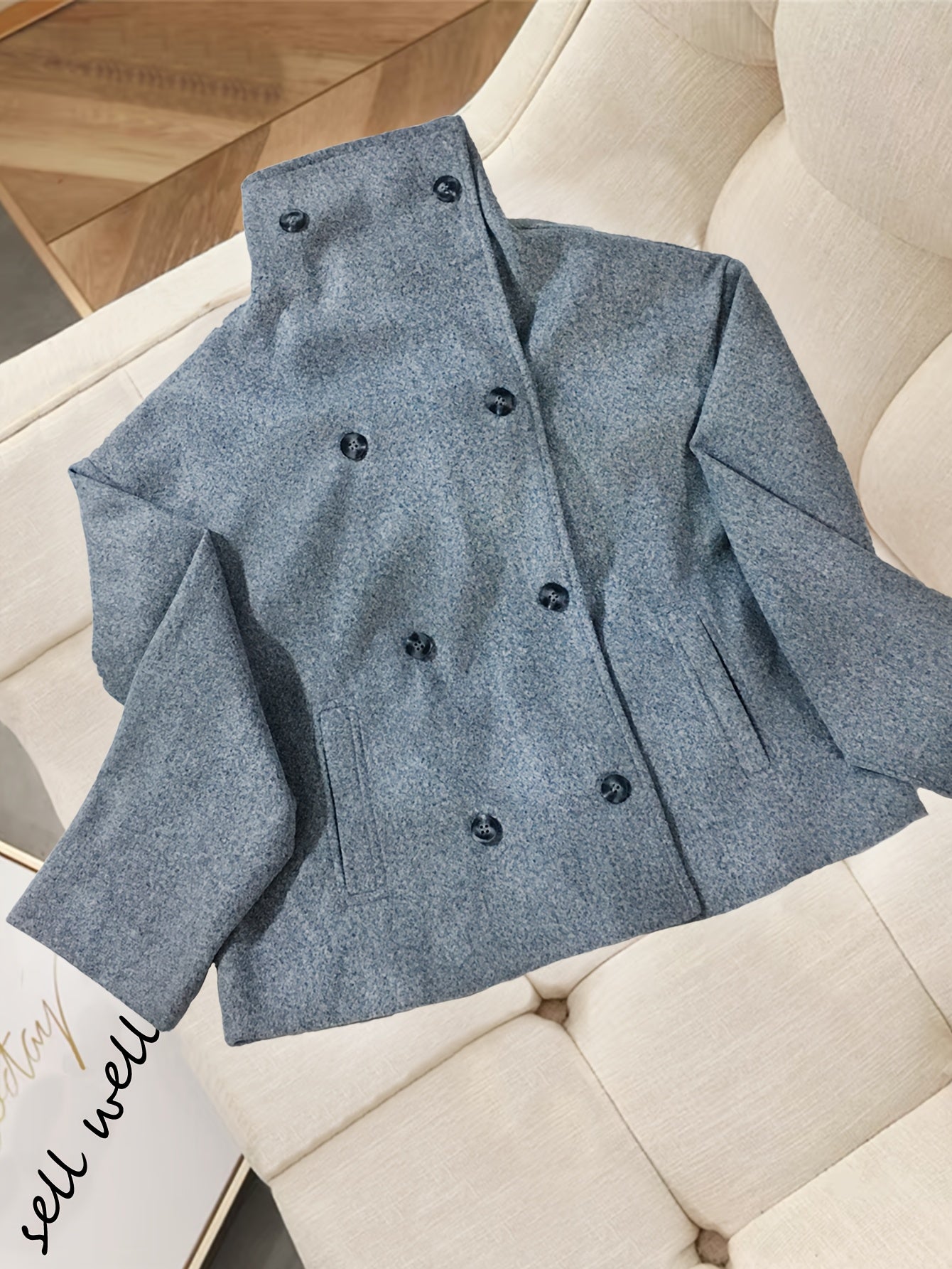 Elegant Wool Pea Coat for Women with Notch Lapel Long Sleeve Double Breasted Cropped Style