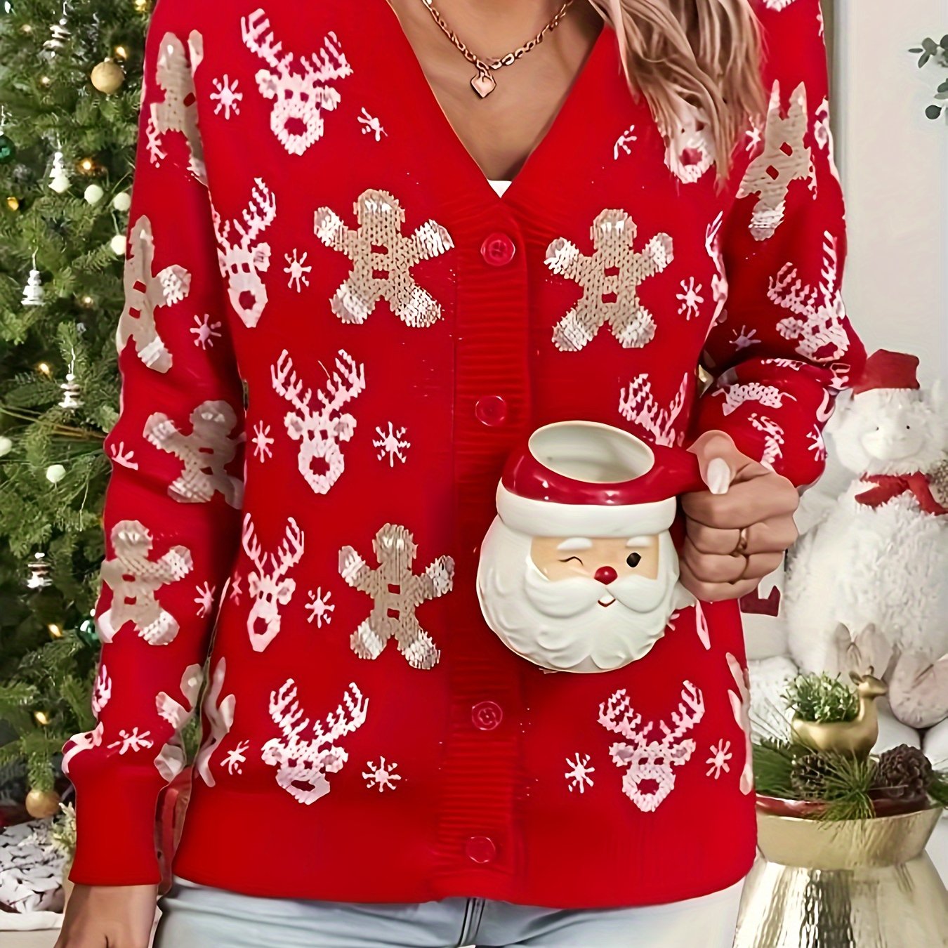 Cozy Red Sequin Christmas Sweater for Women with V Neck Long Sleeve Button Front Cardigan Style
