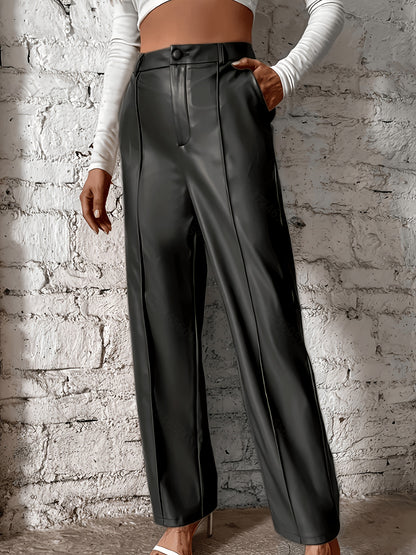 Elegant Black Faux Leather Pants for Women with High Waist Wide Leg Pintuck Tailored Style