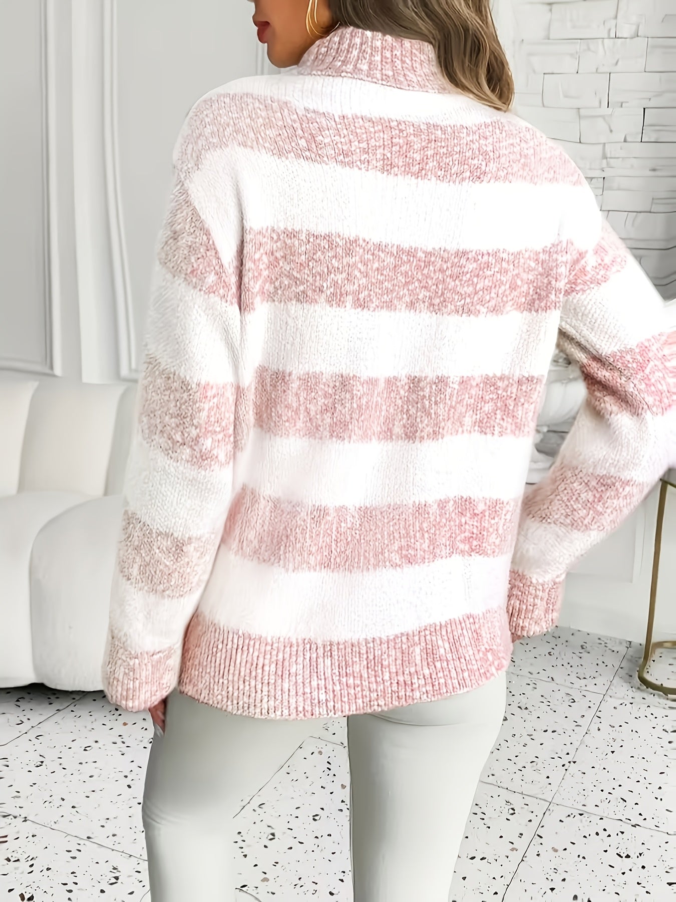 Comfortable Striped Sweater for Women with Turtleneck Long Sleeve Relaxed Oversized Knit Style