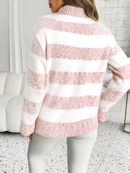 Comfortable Striped Sweater for Women with Turtleneck Long Sleeve Relaxed Oversized Knit Style