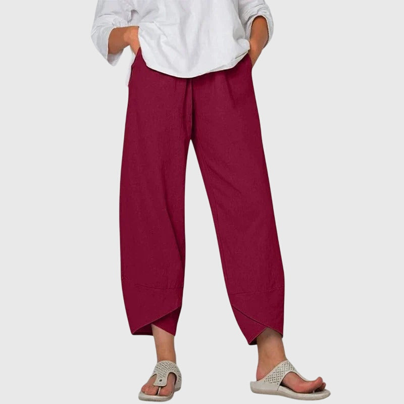 Effortless Navy Linen Tapered Pants for Women with High Waist Drawstring Cropped Relaxed Casual Style