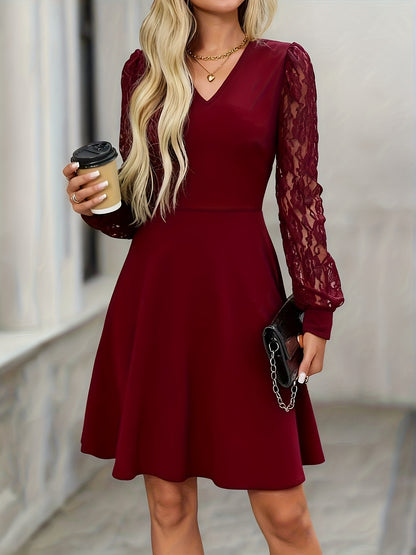 Elegant Lace Christmas Party Dress for Women with V Neck Lantern Sleeve A Line Belted Style