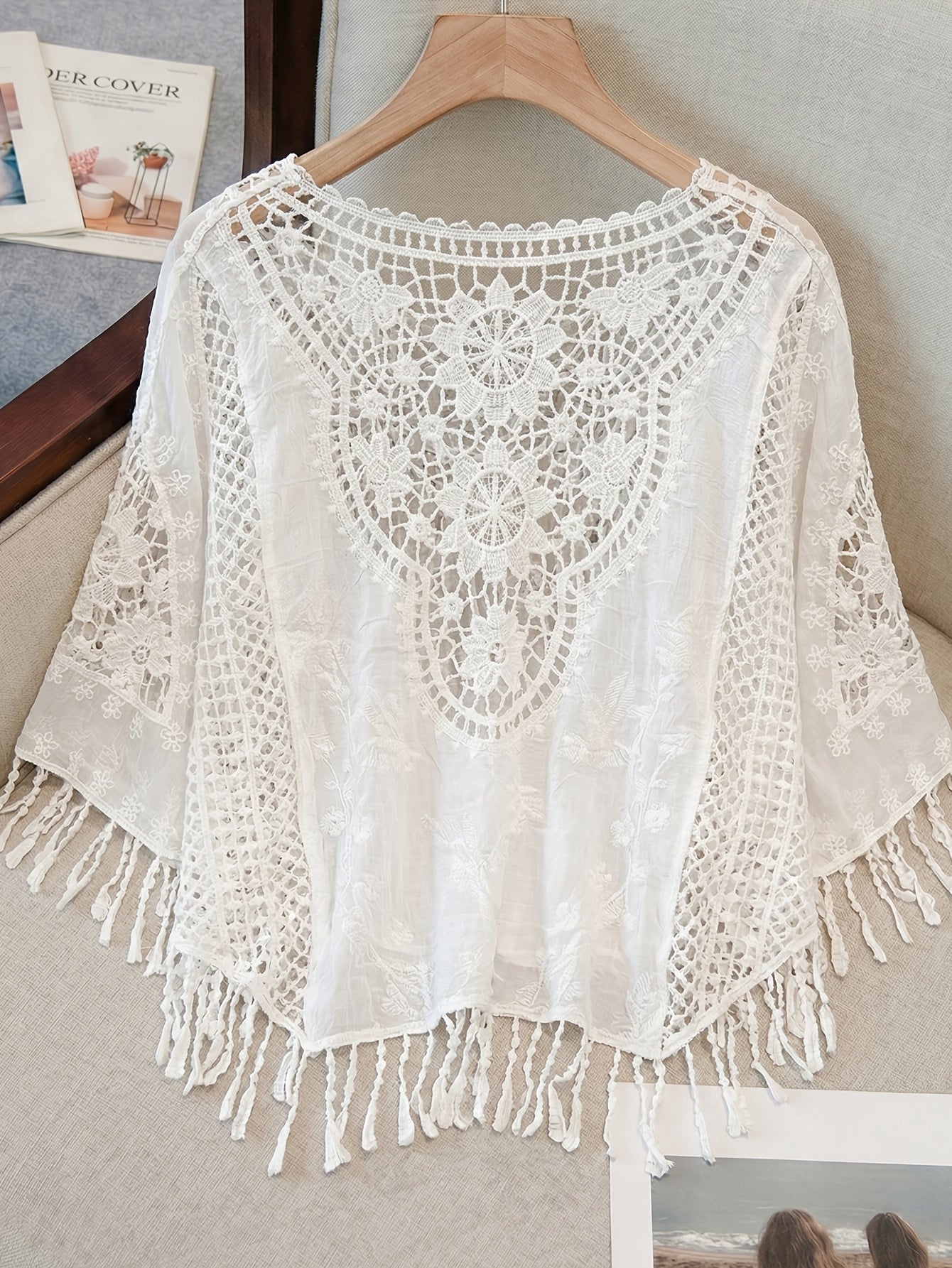 Effortless Cream Poncho Shirt for Women with Crochet Lace Fringe Hem Draped Style