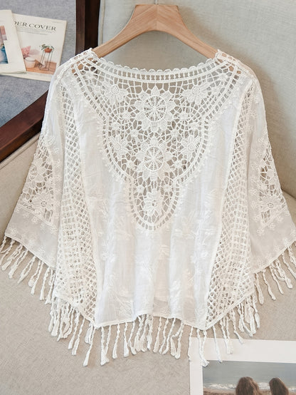 Effortless Cream Poncho Shirt for Women with Crochet Lace Fringe Hem Draped Style