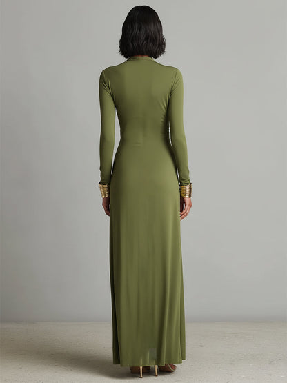 Elegant Green Dress for Women with Deep V Neck Twist Knot Waist Long Sleeve Ruched Formal Wedding Guest Style