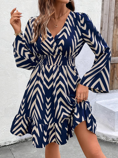 Elegant Blue Chevron Print Wrap Dress for Women with V Neck Bell Sleeve Ruffle Hem Flowing Style