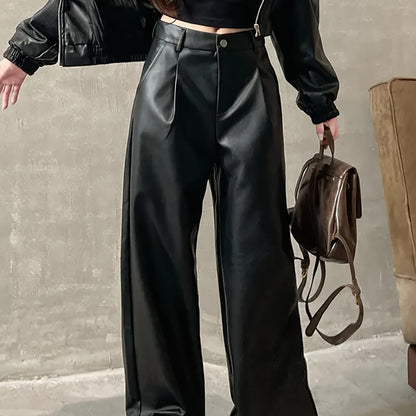 Sleek Black Leather Slacks for Women with High Waist Wide Leg Pleated Relaxed Style