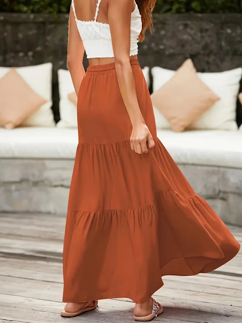Effortless Tiered Maxi Skirt for Women with Drawstring Waist Ruffle Flowing Bohemian Style