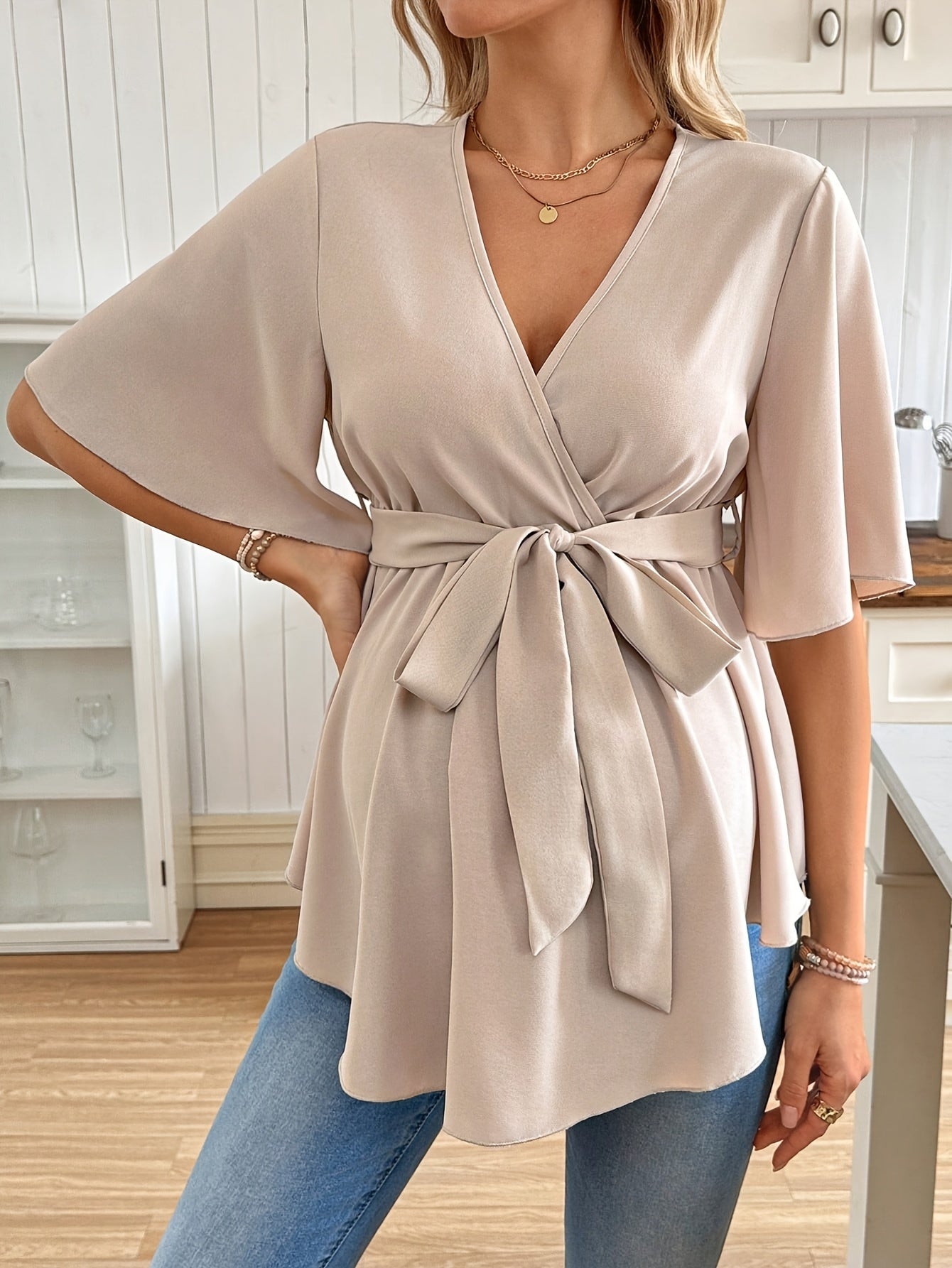Effortless Maternity Wrap Blouse for Women with V Neck Flutter Sleeve Tie Waist Peplum Style