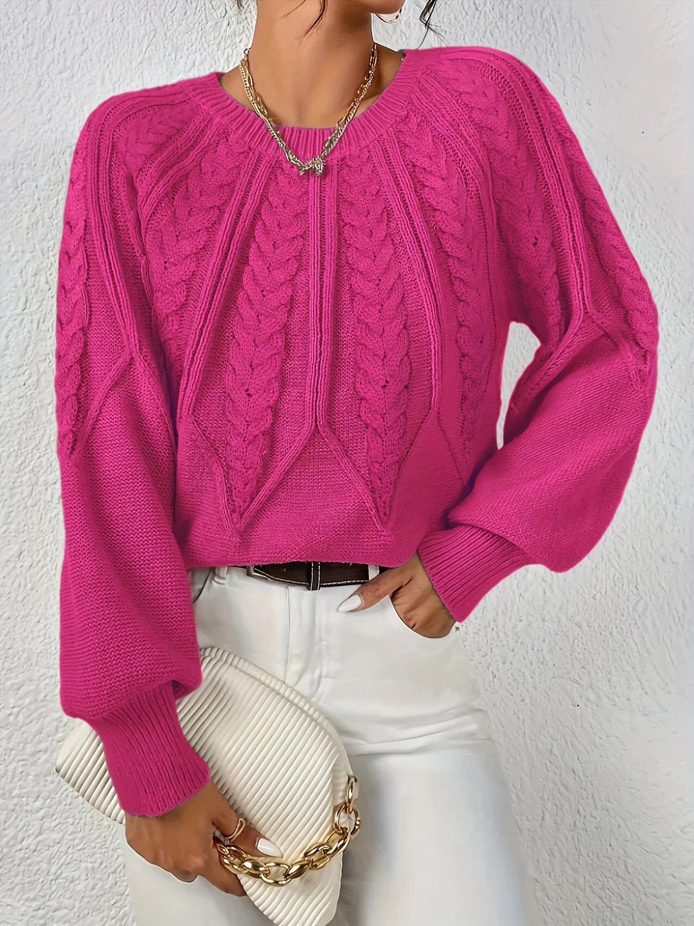 Cozy Cable Knit Sweater for Women with V Neck Balloon Sleeve Chunky Relaxed Pullover Style