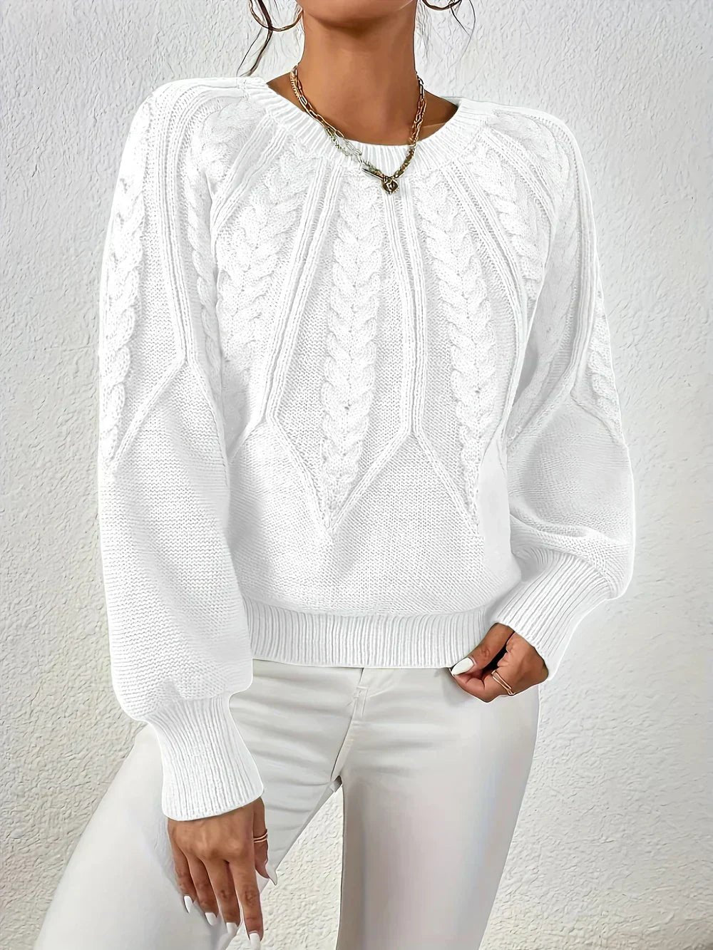 Cozy Cable Knit Sweater for Women with V Neck Balloon Sleeve Chunky Relaxed Pullover Style