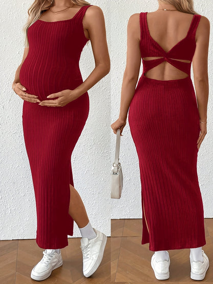Elegant Ribbed Knit Maternity Maxi Dress for Women with Square Neck Sleeveless Crisscross Back Bodycon Style
