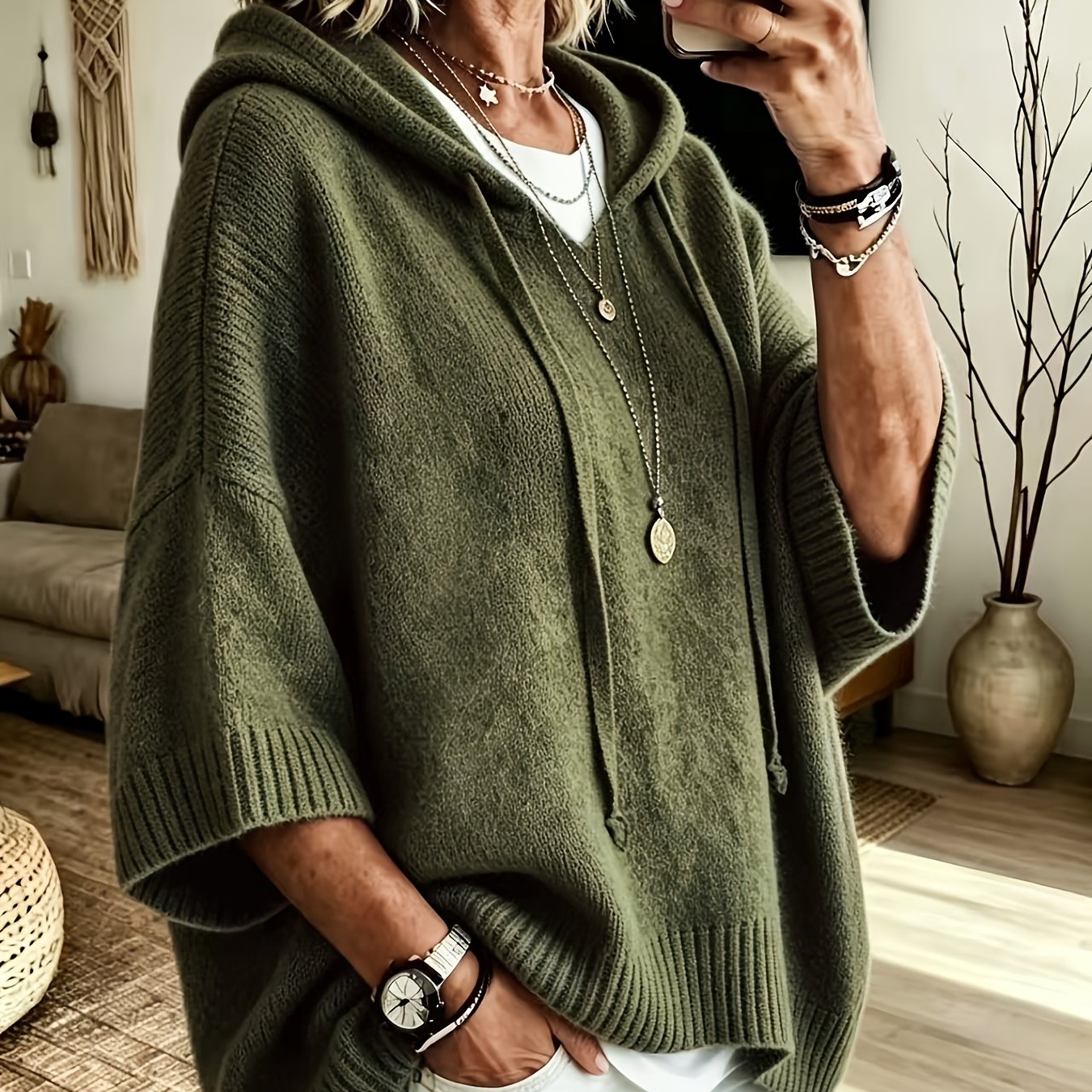 Comfortable Knit Oversized Hoodie for Women with Hooded Neck Half Sleeve Batwing Relaxed Style