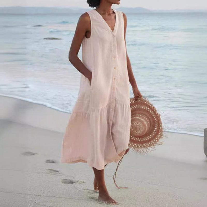 Effortless Linen Maxi Dress for Women with V Neck Sleeveless Button Front Tiered Relaxed Style