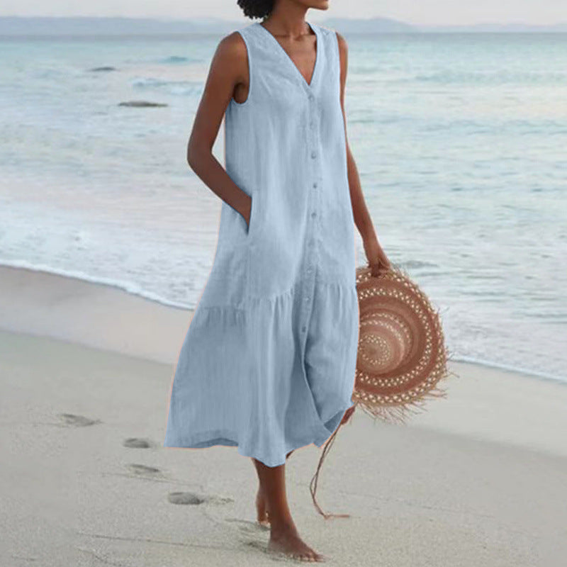 Effortless Linen Maxi Dress for Women with V Neck Sleeveless Button Front Tiered Relaxed Style