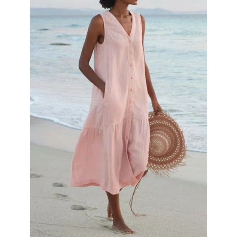 Effortless Linen Maxi Dress for Women with V Neck Sleeveless Button Front Tiered Relaxed Style