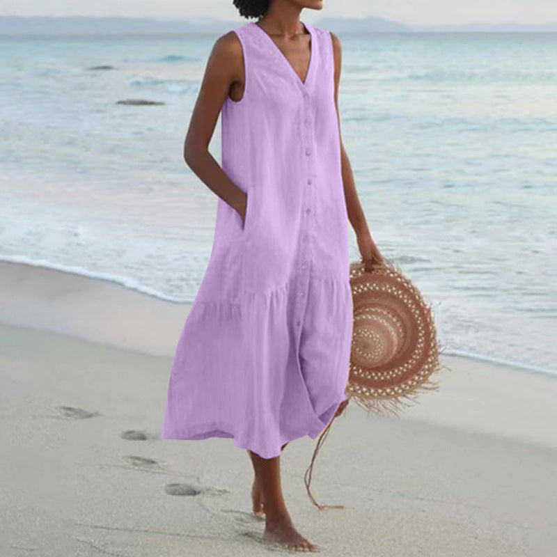 Effortless Linen Maxi Dress for Women with V Neck Sleeveless Button Front Tiered Relaxed Style