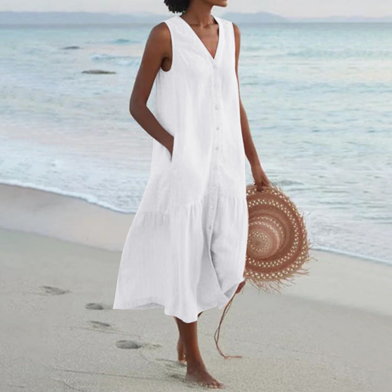 Effortless Linen Maxi Dress for Women with V Neck Sleeveless Button Front Tiered Relaxed Style
