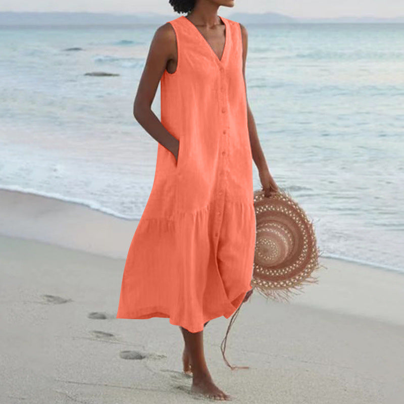 Effortless Linen Maxi Dress for Women with V Neck Sleeveless Button Front Tiered Relaxed Style