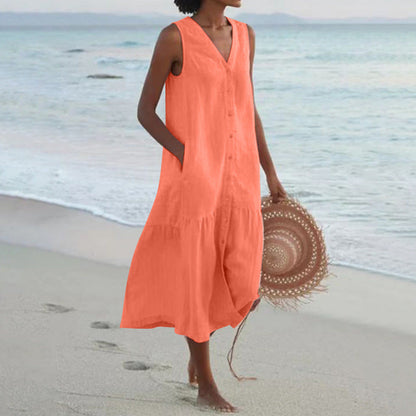 Effortless Linen Maxi Dress for Women with V Neck Sleeveless Button Front Tiered Relaxed Style