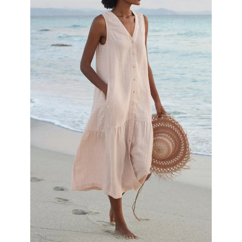 Effortless Linen Maxi Dress for Women with V Neck Sleeveless Button Front Tiered Relaxed Style