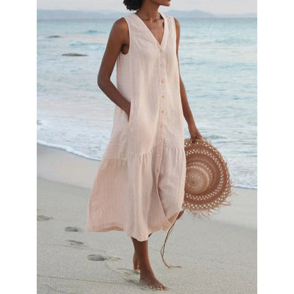 Effortless Linen Maxi Dress for Women with V Neck Sleeveless Button Front Tiered Relaxed Style