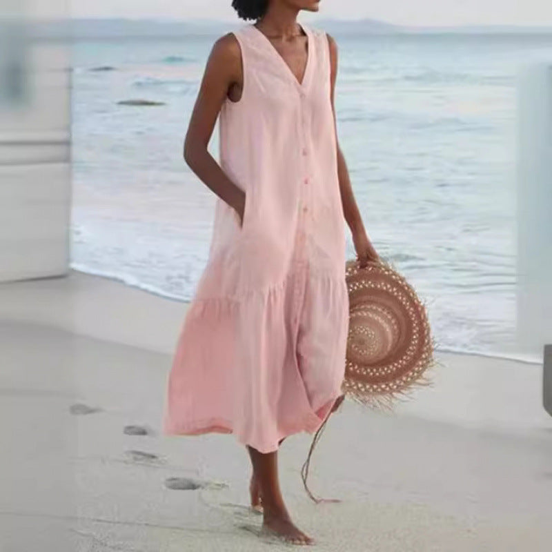 Effortless Linen Maxi Dress for Women with V Neck Sleeveless Button Front Tiered Relaxed Style