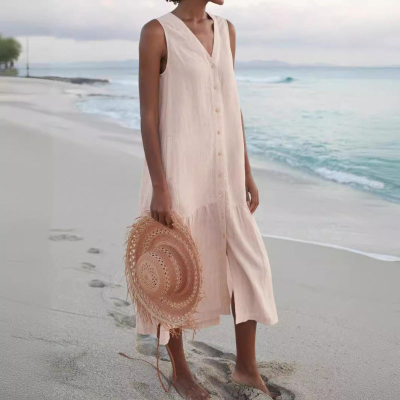 Effortless Linen Maxi Dress for Women with V Neck Sleeveless Button Front Tiered Relaxed Style