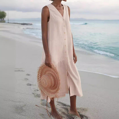 Effortless Linen Maxi Dress for Women with V Neck Sleeveless Button Front Tiered Relaxed Style