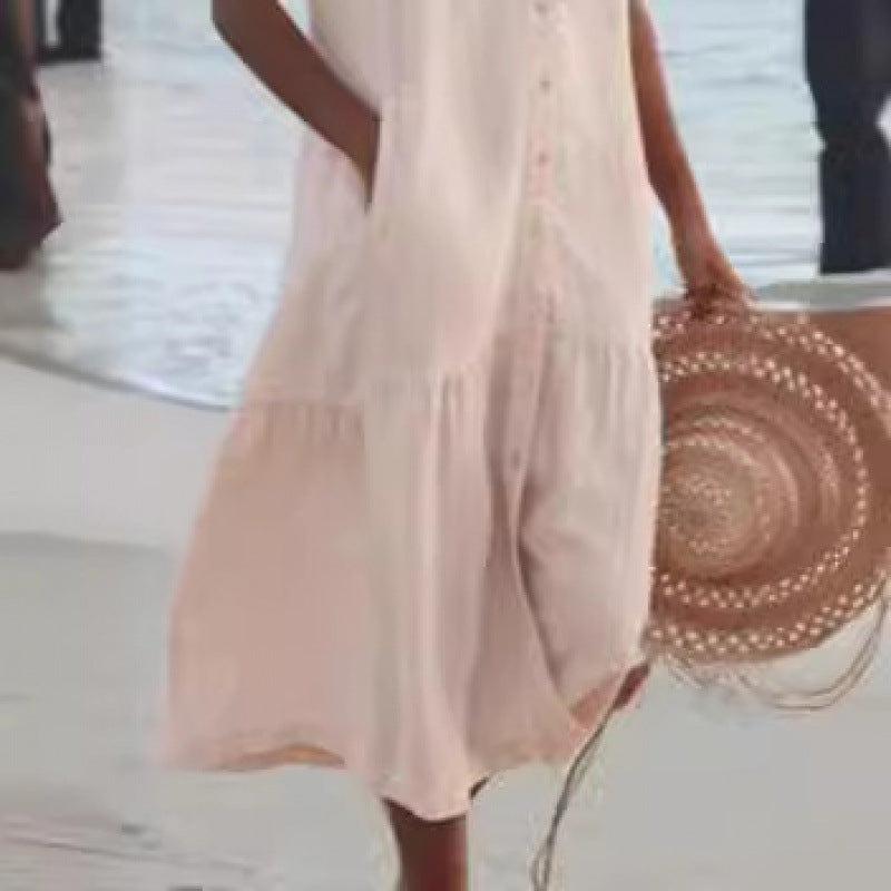 Effortless Linen Maxi Dress for Women with V Neck Sleeveless Button Front Tiered Relaxed Style