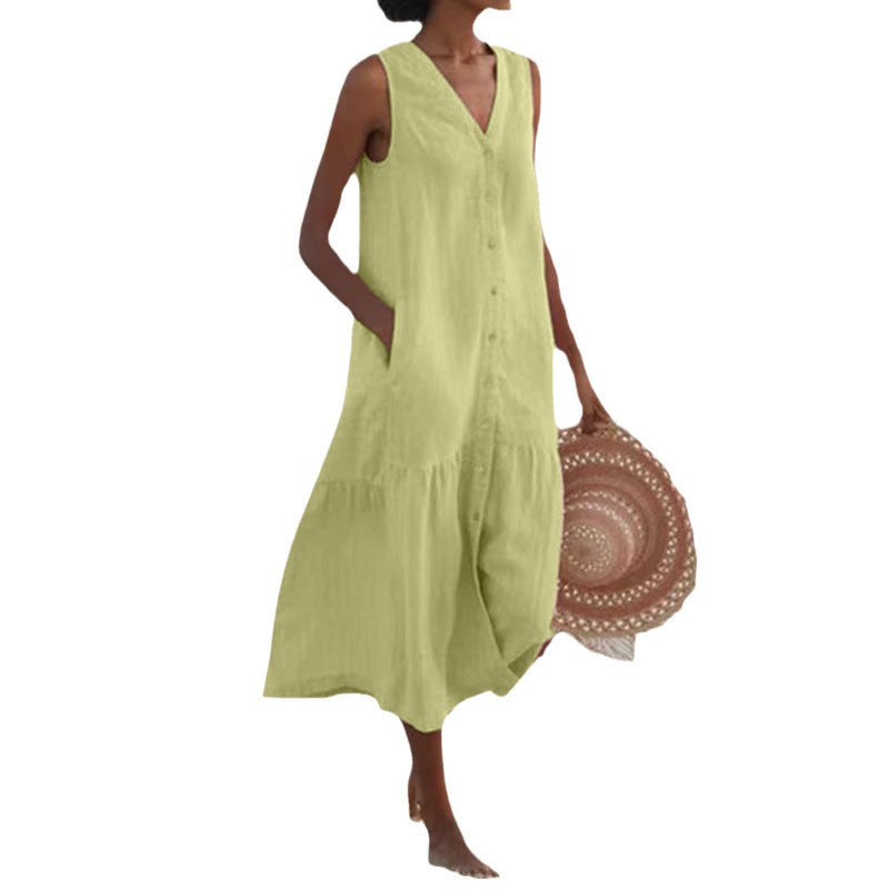 Effortless Linen Maxi Dress for Women with V Neck Sleeveless Button Front Tiered Relaxed Style