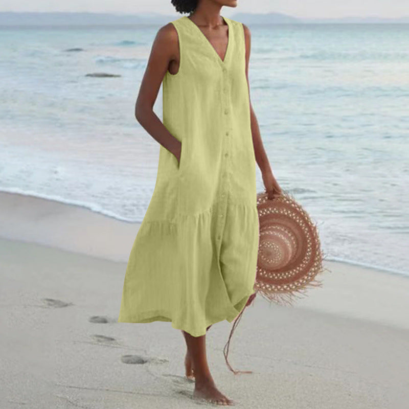 Effortless Linen Maxi Dress for Women with V Neck Sleeveless Button Front Tiered Relaxed Style