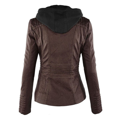 Elegant Brown Leather Jacket for Women with Hooded Long Sleeve Quilted Moto Style
