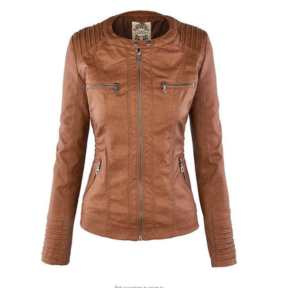 Elegant Brown Leather Jacket for Women with Hooded Long Sleeve Quilted Moto Style