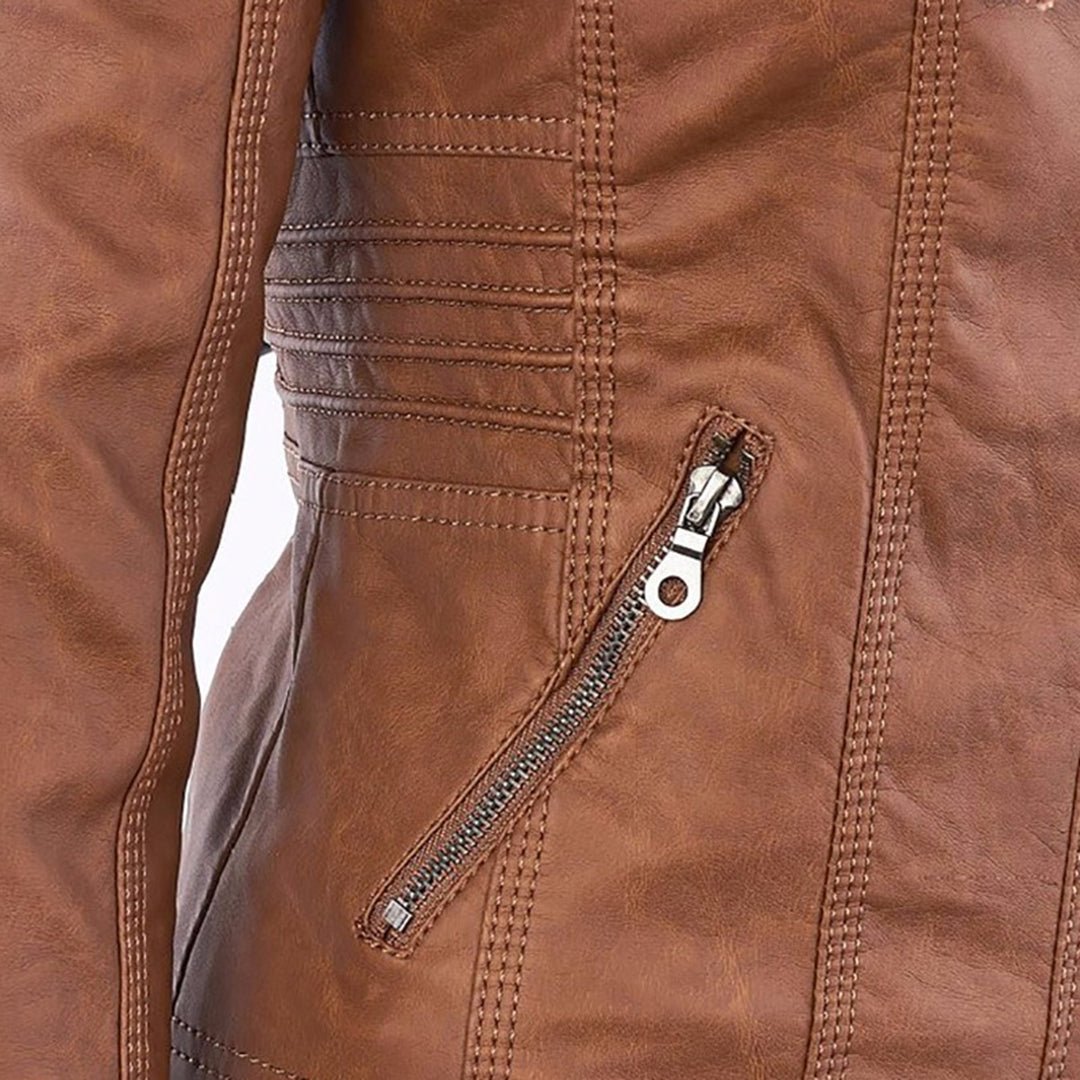 Elegant Brown Leather Jacket for Women with Hooded Long Sleeve Quilted Moto Style