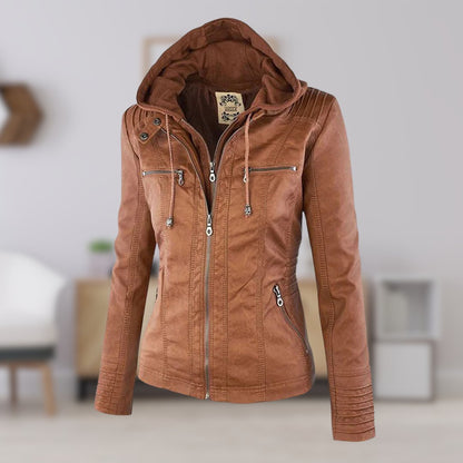 Elegant Brown Leather Jacket for Women with Hooded Long Sleeve Quilted Moto Style