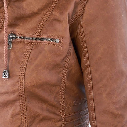 Elegant Brown Leather Jacket for Women with Hooded Long Sleeve Quilted Moto Style