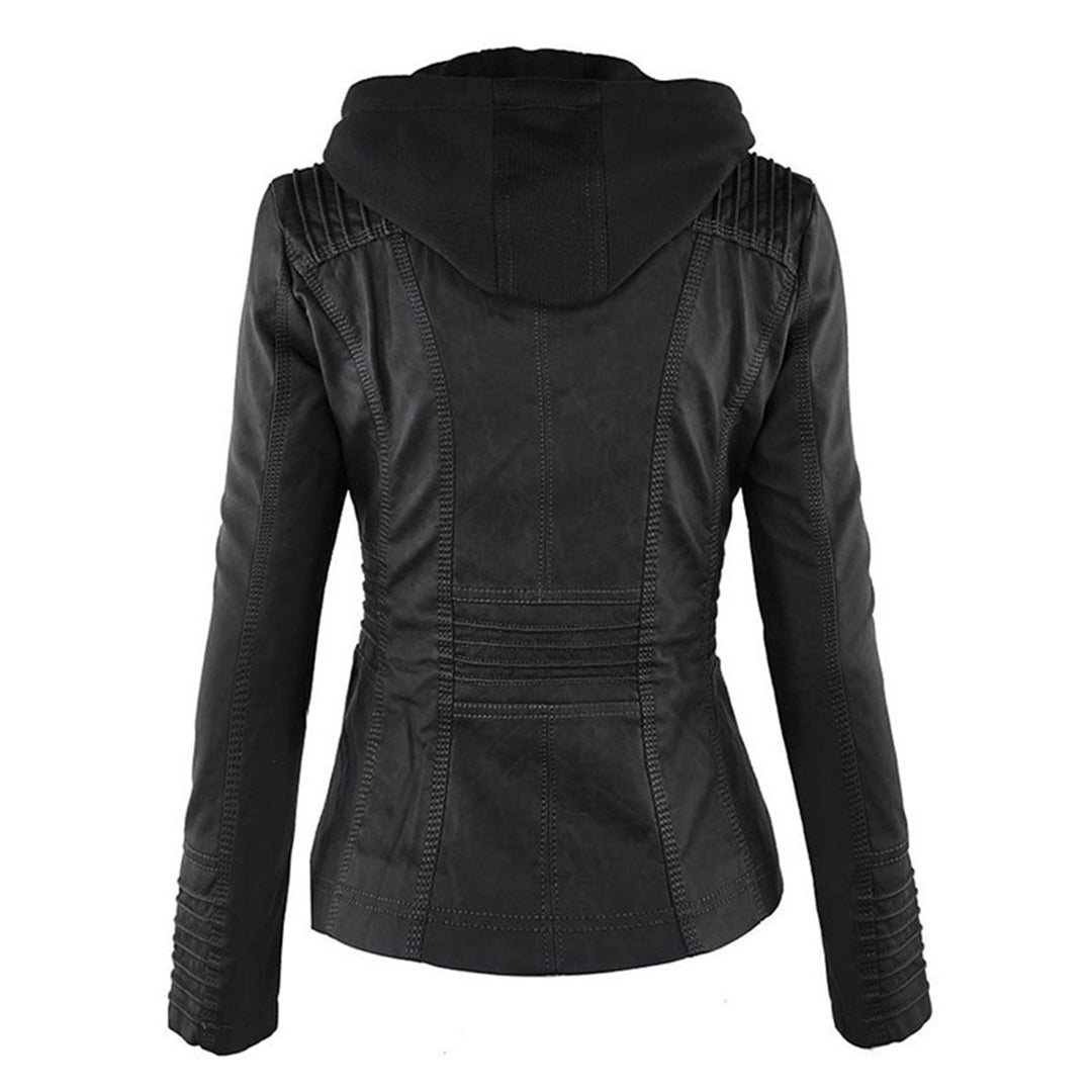 Elegant Brown Leather Jacket for Women with Hooded Long Sleeve Quilted Moto Style